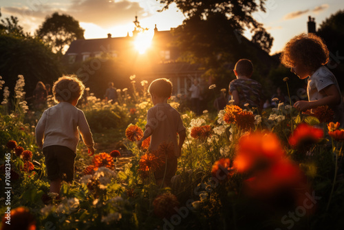 Children playing in the garden with flowers at sunset