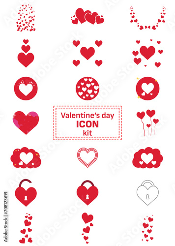 Collection of different shaped hearts for Valentine's Day. Heart symbols in red colors and different styles. Vector illustration set.