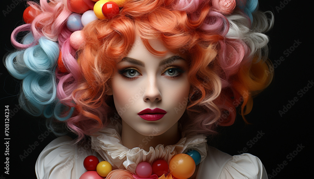 Cute young woman with curly hair, looking at camera generated by AI Cute young woman with curly hair, looking at camera generated by AI