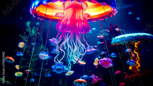 Group of jellyfish floating in aquarium filled with lots of jellyfish.