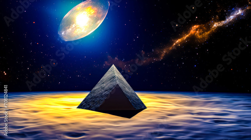 Computer generated image of pyramid in space with distant object in the background.