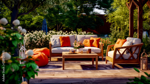 Couch, table, and chairs on wooden deck in garden.
