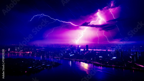 City with lot of lightning in the sky and lot of water in the foreground.