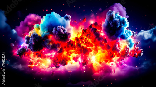 Colorful explosion of smoke and steam in the air with stars in the background. photo