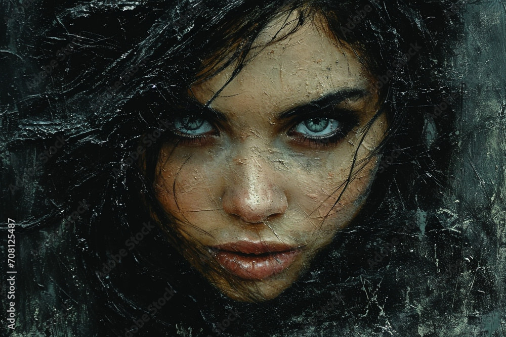 A captivating portrait of a girl with expressive eyes, her face adorned with intricate swirls of paint on a deep monochrome background, evoking a sense of mystery and emotion. A captivating portrait of a girl with expressive eyes, her face adorned with intricate swirls of paint on a deep monochrome background, evoking a sense of mystery and emotion.