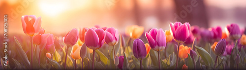 spring beautiful tulip flowers on blurred nature background banner for Woman day holiday card #708125404