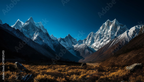 Majestic mountain peak, tranquil scene, clear sky, remote wilderness adventure generated by AI