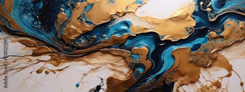 Abstract gold and blue liquid paints art. Contemporary surrealist painting.  Modern poster for wall decoration	

