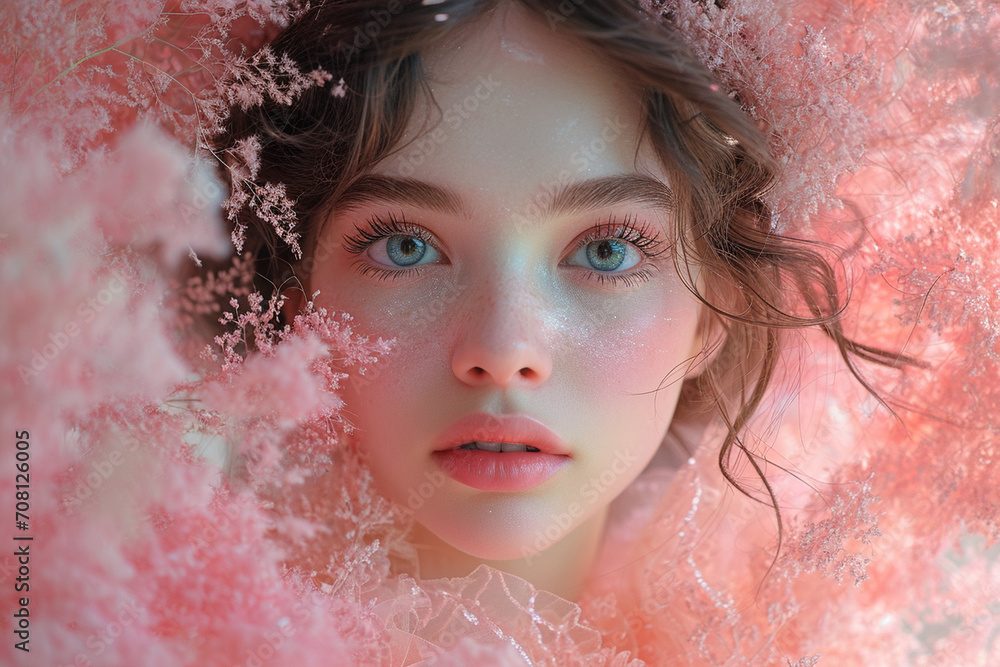 A dreamlike depiction of a girl with soft, pastel-hued paint strokes on her face, standing out against a monochrome backdrop, creating a sense of whimsy and fantasy. A dreamlike depiction of a girl with soft, pastel-hued paint strokes on her face, standing out against a monochrome backdrop, creating a sense of whimsy and fantasy.