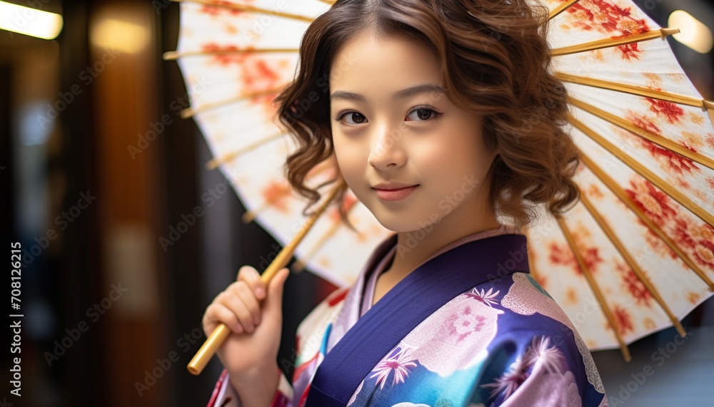Smiling young women holding traditional Japanese umbrella generated by AI - obrazy, fototapety, plakaty 