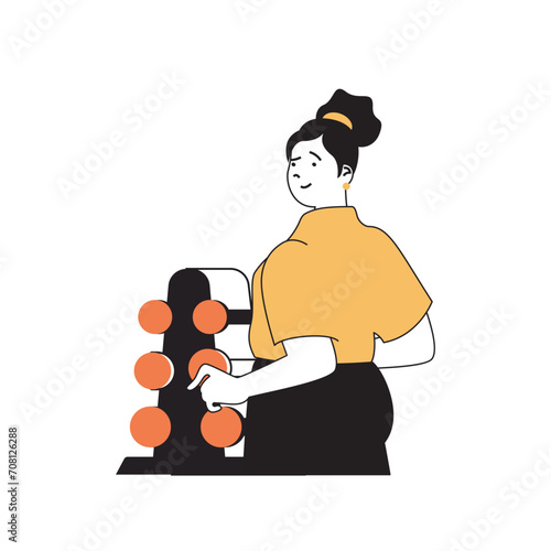 Fitness concept with cartoon people in flat design for web. Woman doing exercises with dumbbells and making bodybuilding workout. Vector illustration for social media banner, marketing material.