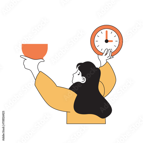 Fitness concept with cartoon people in flat design for web. Woman controlling diet and eating to times, following nutrition program. Vector illustration for social media banner, marketing material.