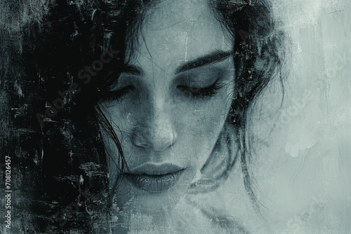 A dreamy and contemplative portrayal of a girl with soft and muted paint strokes on her face, set against a monochrome canvas, creating a serene and meditative atmosphere.