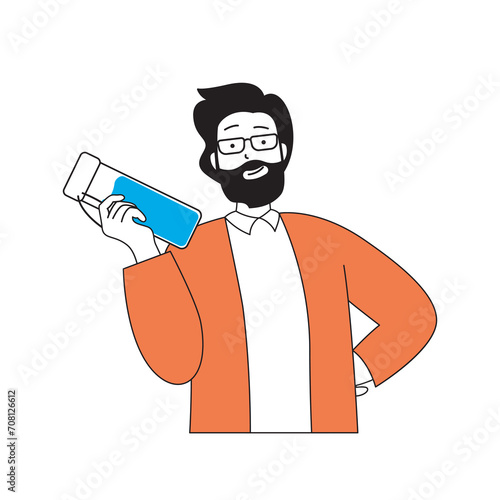 Fitness concept with cartoon people in flat design for web. Man controlling diet and drinking mineral water, following sport program. Vector illustration for social media banner, marketing material.