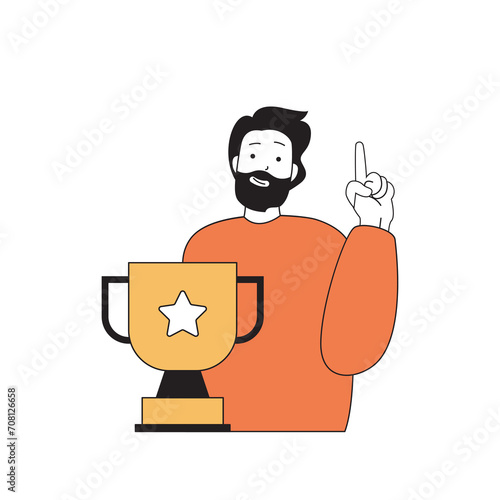 Fitness concept with cartoon people in flat design for web. Man winning championship competition and getting trophy golden cup prize. Vector illustration for social media banner, marketing material.