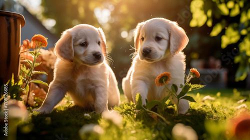 Dos cachorros de perro jugando en el jardín