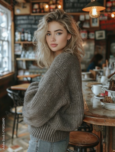 Asian beautiful blonde girl in a sweater close-up portrait standing in front of the camera autumn winter