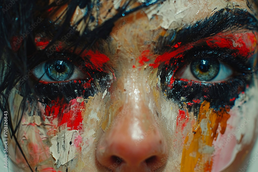 An intense and dramatic portrait of a girl with vibrant and expressive paint strokes, conveying a sense of passion and intensity against a monochrome canvas.