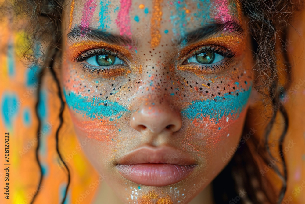 A whimsical and charming depiction of a girl with playful paint patterns on her face, adding a touch of joy and delight against a monochrome canvas. A whimsical and charming depiction of a girl with playful paint patterns on her face, adding a touch of joy and delight against a monochrome canvas.