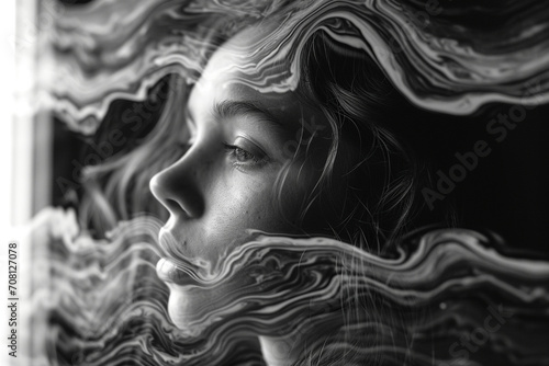 A contemplative and introspective image of a girl with paint forming delicate patterns, creating a sense of inner reflection against a monochrome backdrop.