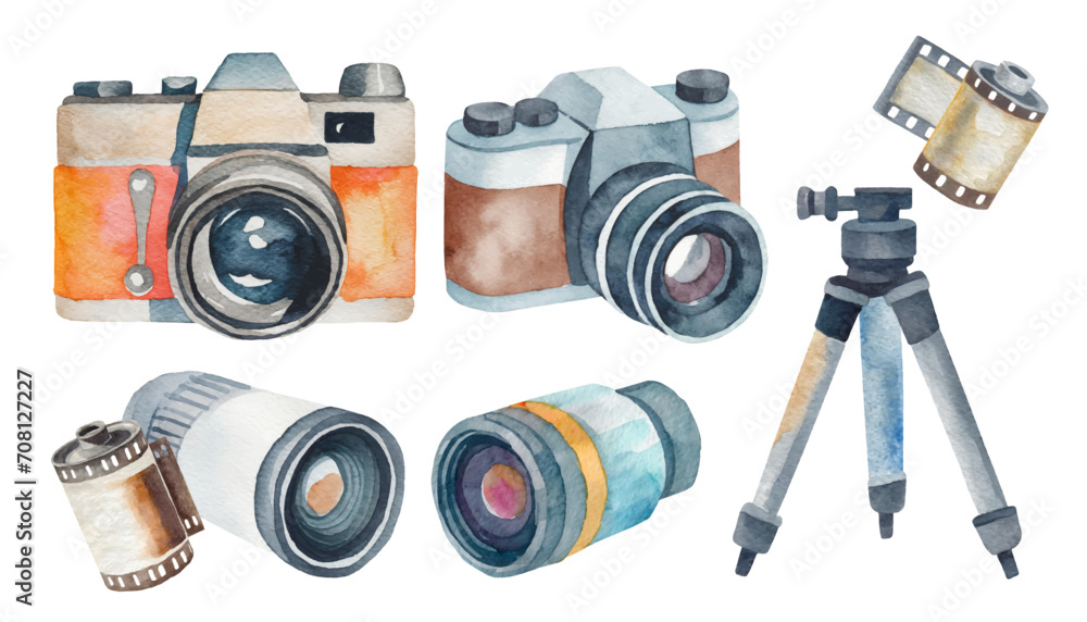 Cute watercolor camera and lens sticker / element set, Hand drawn vector illustration collection
