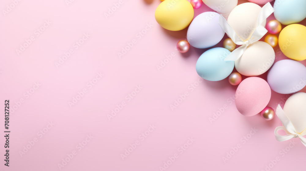 colorful eggs on pink pastel background