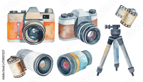 Cute watercolor camera and lens sticker / element set, Hand drawn vector illustration collection