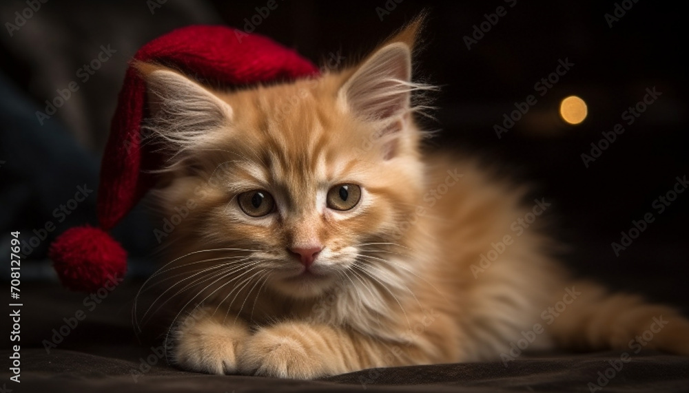 Cute kitten with fluffy fur, sitting and looking at camera generated by AI Cute kitten with fluffy fur, sitting and looking at camera generated by AI