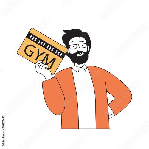Fitness concept with cartoon people in flat design for web. Man training and exercising at sport club and using gym membership card. Vector illustration for social media banner, marketing material.