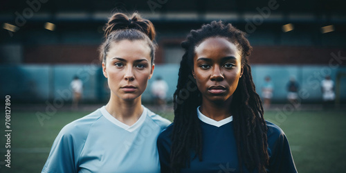 Determined multiethnic female soccer players ready for the game. Generative AI image photo