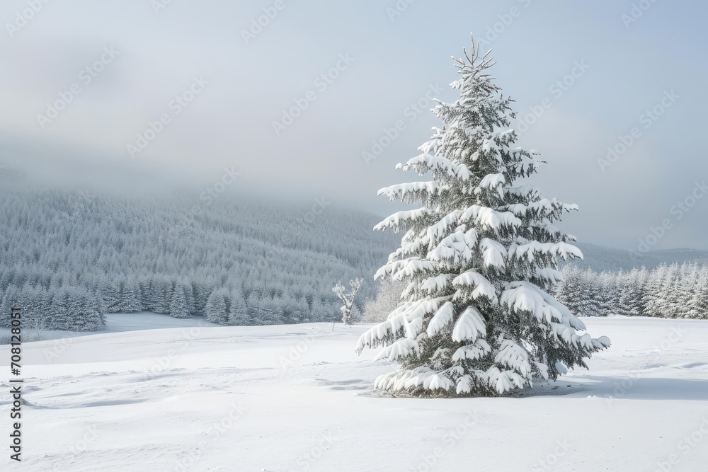 Single snow-covered pine tree in a winter landscape