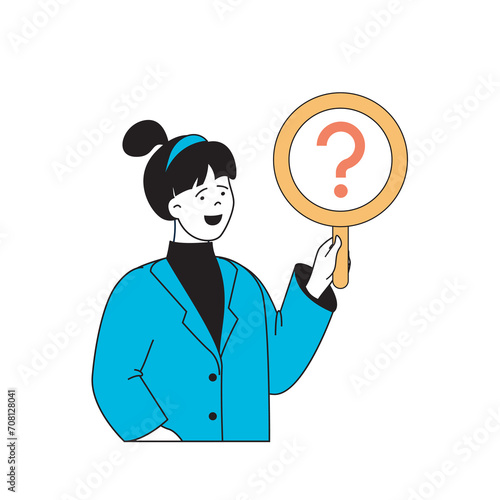 Mental health concept with cartoon people in flat design for web. Woman with magnifier searching answers for psychological questions. Vector illustration for social media banner, marketing material.