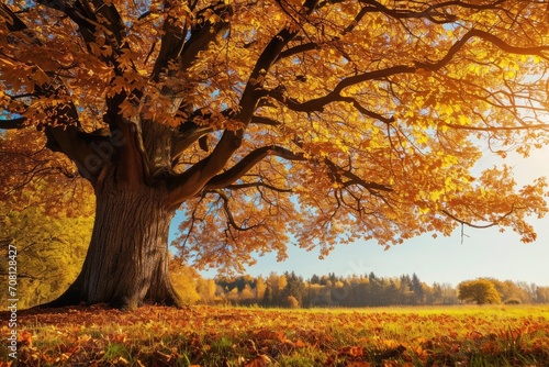 Majestic oak tree with golden autumn leaves