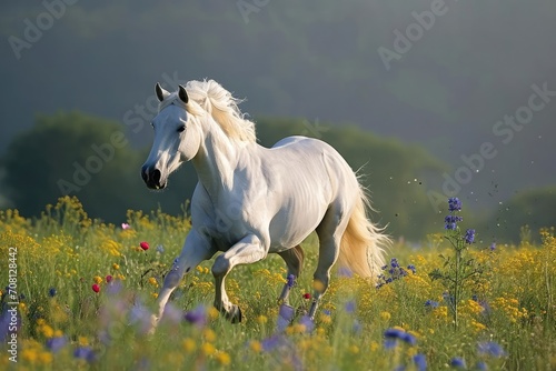 Majestic white horse galloping in a field of wildflowers