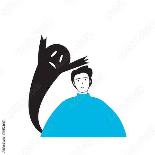 Mental health concept with cartoon people in flat design for web. Man has phobia or panic attack, suffering from anxious and anxiety. Vector illustration for social media banner, marketing material.