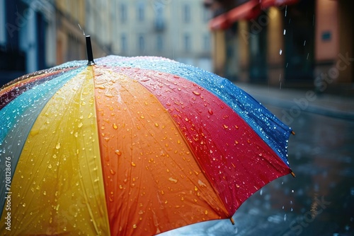 Opened umbrella in vibrant colors on a rainy street