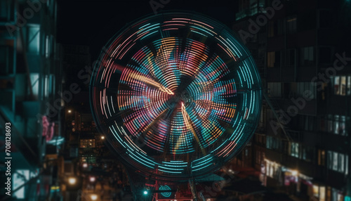 Spinning wheel of vibrant colors illuminates the city skyline at night generated by AI