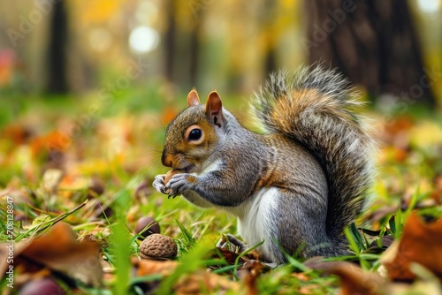 Playful squirrel nibbling on an acorn in a lush park © Jelena