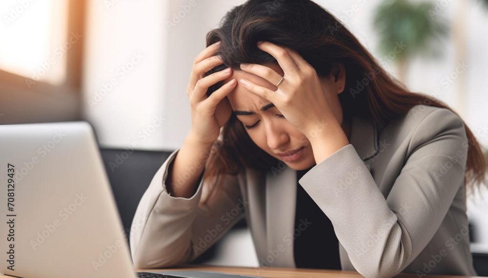 A tired businesswoman with a headache working on her laptop generated by AI A tired businesswoman with a headache working on her laptop generated by AI