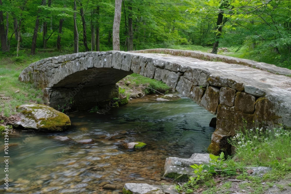 Weathered stone bridge crossing a gentle stream Weathered stone bridge crossing a gentle stream