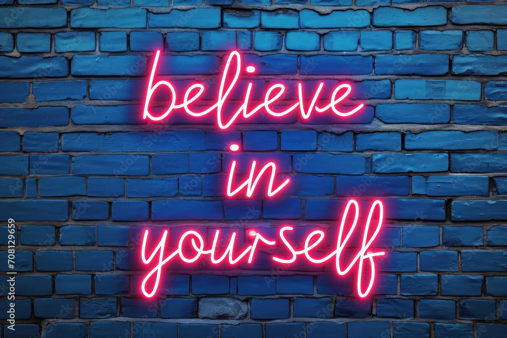 Empowering Neon Message on Brick Wall. 'Believe in Yourself' neon sign offers inspiration against a textured blue backdrop - obrazy, fototapety, plakaty 
