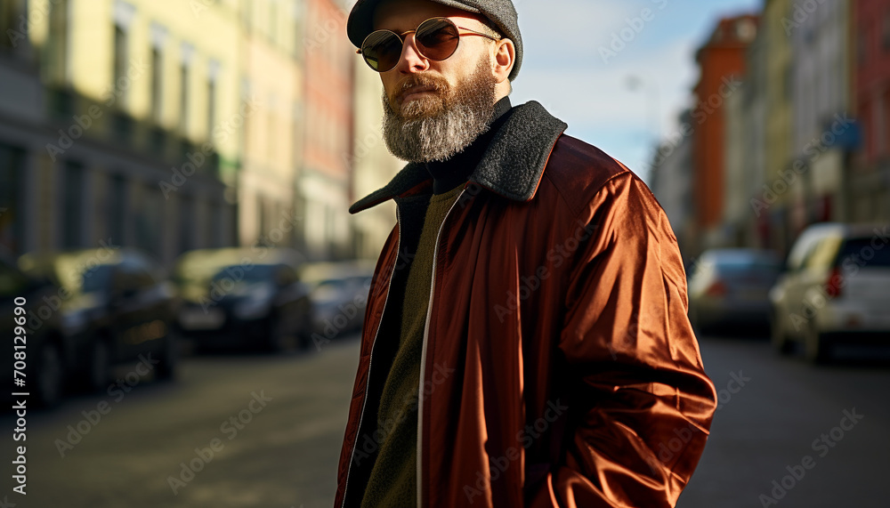 Fototapeta premium Confident man in stylish autumn fashion walking generated by AI