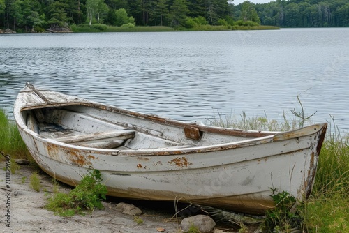 Weathered wooden rowboat resting on a peaceful lakeshore