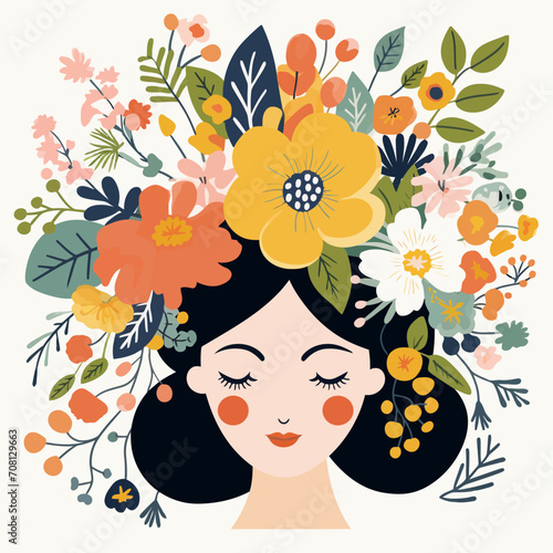 vector pretty girl with flower illustration sticker label