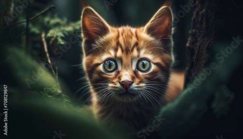 Cute kitten looking at camera, sitting in grass, playful curiosity generated by AI