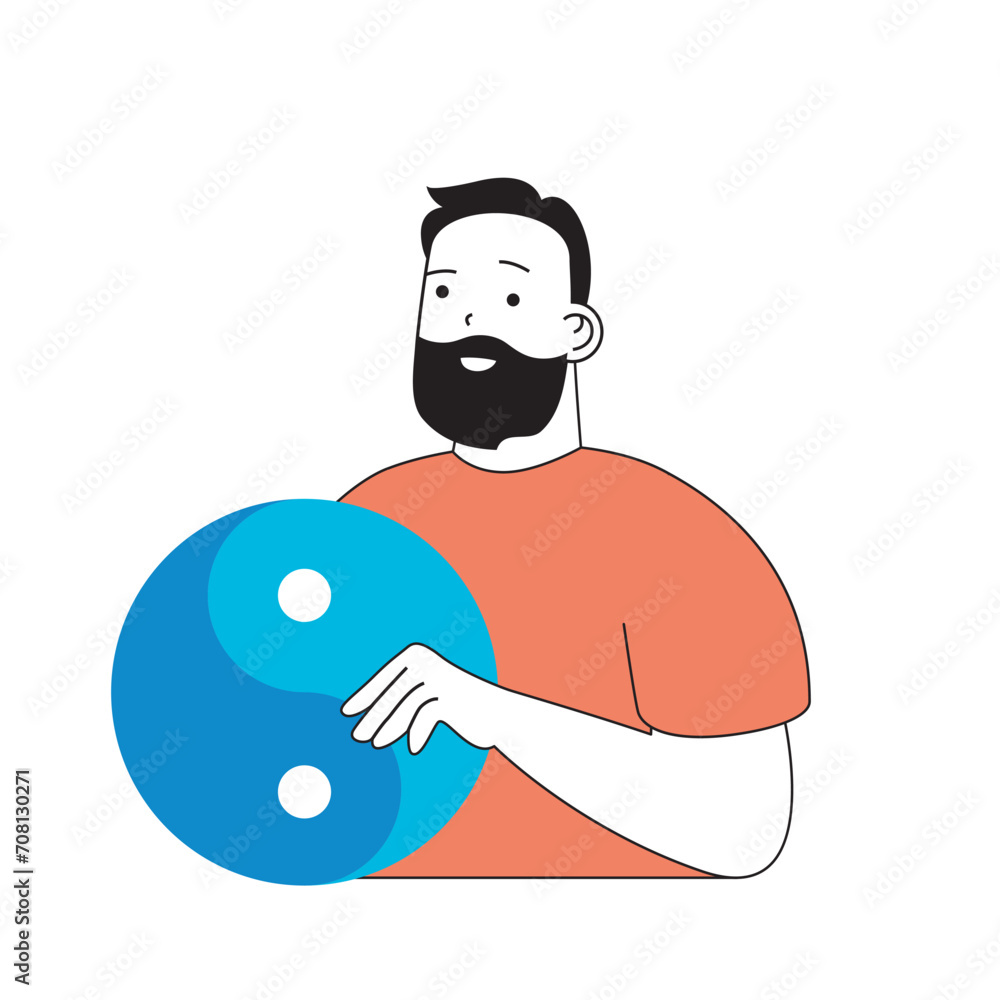 Mental health concept with cartoon people in flat design for web. Man with yin yang sign taking care of his psychological balance. Vector illustration for social media banner, marketing material.