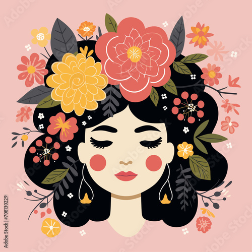 vector pretty girl with flower illustration sticker label