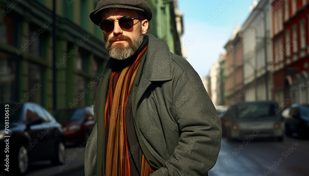 Confident man in stylish jacket, sunglasses, and beard generated by AI Confident man in stylish jacket, sunglasses, and beard generated by AI