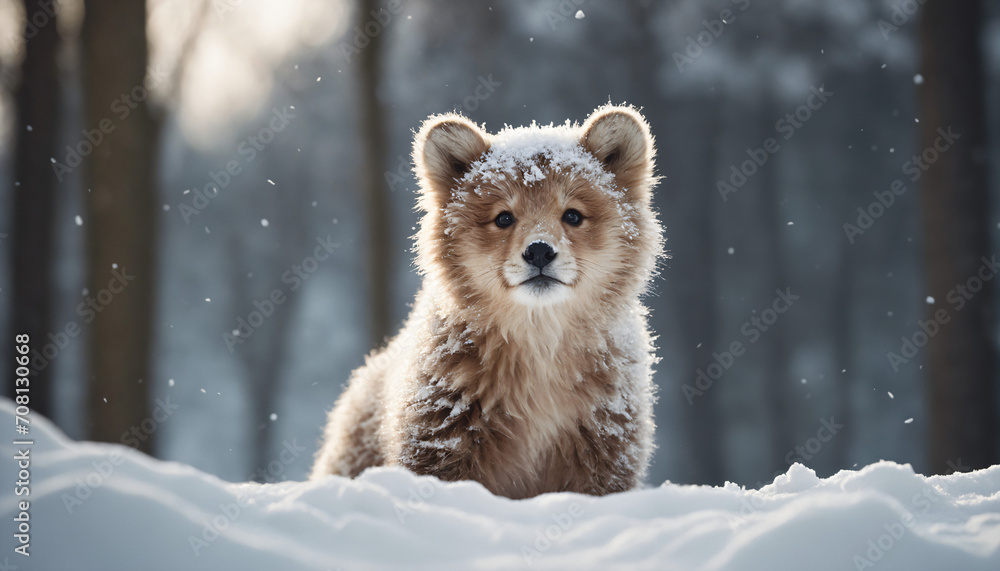 Adorable fluffy dog in snow with a backdrop of a winter forest
