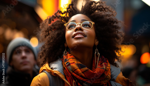 African American woman in sunglasses smiling, enjoying nature, confident and fashionable generated by AI